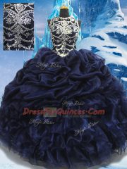 Navy Blue Ball Gowns High-neck Sleeveless Taffeta Floor Length Lace Up Appliques and Ruffles and Pick Ups Quinceanera Dress