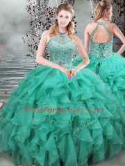Dramatic Turquoise Organza Lace Up Scoop Sleeveless Ball Gown Prom Dress Brush Train Beading and Ruffles