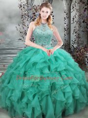 Dramatic Turquoise Organza Lace Up Scoop Sleeveless Ball Gown Prom Dress Brush Train Beading and Ruffles