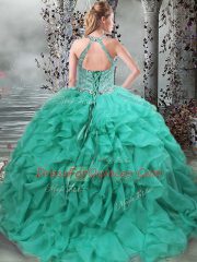 Dramatic Turquoise Organza Lace Up Scoop Sleeveless Ball Gown Prom Dress Brush Train Beading and Ruffles