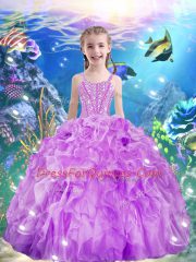 Lilac Ball Gowns Organza Straps Sleeveless Beading and Ruffles Floor Length Lace Up Girls Pageant Dresses