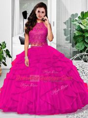 Fuchsia Tulle Zipper 15 Quinceanera Dress Sleeveless Floor Length Lace and Ruffles