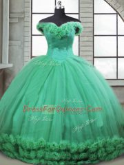 New Style Turquoise Fabric With Rolling Flowers Lace Up Quinceanera Gown Sleeveless Brush Train Hand Made Flower