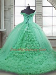 New Style Turquoise Fabric With Rolling Flowers Lace Up Quinceanera Gown Sleeveless Brush Train Hand Made Flower
