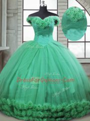 New Style Turquoise Fabric With Rolling Flowers Lace Up Quinceanera Gown Sleeveless Brush Train Hand Made Flower