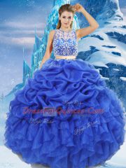 Unique Royal Blue Two Pieces Organza Scoop Sleeveless Beading and Ruffles and Pick Ups Floor Length Zipper Quinceanera Gowns