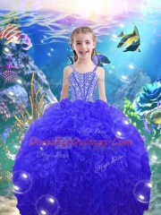 Pretty Royal Blue Lace Up Pageant Gowns For Girls Beading and Ruffles Sleeveless Floor Length