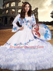 Baby Blue Ball Gowns Embroidery and Ruffled Layers Ball Gown Prom Dress Lace Up Organza Long Sleeves Floor Length