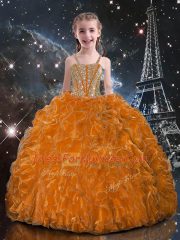 Organza Straps Sleeveless Lace Up Beading and Ruffles Kids Formal Wear in Orange Red