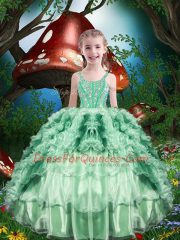 Apple Green Straps Neckline Beading and Ruffles and Ruffled Layers Little Girls Pageant Gowns Sleeveless Lace Up