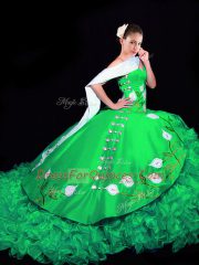 High Class Embroidery and Ruffles Quinceanera Dress Green Lace Up Sleeveless Brush Train