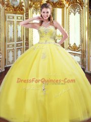 Stunning Sweetheart Sleeveless Sweet 16 Quinceanera Dress Floor Length Beading and Appliques Gold Tulle