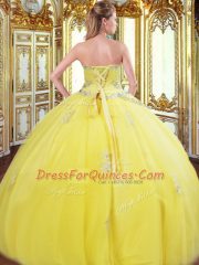 Stunning Sweetheart Sleeveless Sweet 16 Quinceanera Dress Floor Length Beading and Appliques Gold Tulle