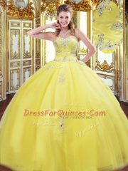 Stunning Sweetheart Sleeveless Sweet 16 Quinceanera Dress Floor Length Beading and Appliques Gold Tulle