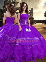 Ball Gowns Quince Ball Gowns Purple Strapless Taffeta Sleeveless Floor Length Zipper