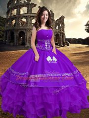 Ball Gowns Quince Ball Gowns Purple Strapless Taffeta Sleeveless Floor Length Zipper