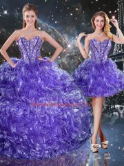 Edgy Purple Three Pieces Beading and Ruffles 15th Birthday Dress Lace Up Organza Sleeveless Floor Length