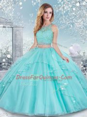 Dynamic Aqua Blue Clasp Handle Quinceanera Gowns Beading and Lace Sleeveless Floor Length