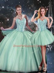 New Style Tulle Sweetheart Sleeveless Lace Up Beading Quince Ball Gowns in Turquoise