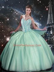 New Style Tulle Sweetheart Sleeveless Lace Up Beading Quince Ball Gowns in Turquoise
