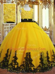Gold Tulle Zipper Kids Formal Wear Sleeveless Floor Length Lace and Appliques