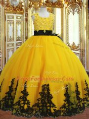 Gold Tulle Zipper Kids Formal Wear Sleeveless Floor Length Lace and Appliques