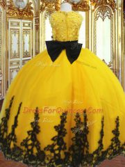 Gold Tulle Zipper Kids Formal Wear Sleeveless Floor Length Lace and Appliques