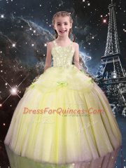 Affordable Light Yellow Lace Up Little Girls Pageant Gowns Beading Sleeveless Floor Length