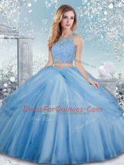 Floor Length Ball Gowns Sleeveless Baby Blue Quinceanera Gown Clasp Handle