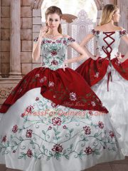 Simple White And Red Off The Shoulder Lace Up Embroidery and Ruffled Layers Sweet 16 Dresses Sleeveless