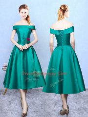Edgy Tea Length Dark Green Quinceanera Court of Honor Dress Off The Shoulder Sleeveless Lace Up