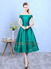 Edgy Tea Length Dark Green Quinceanera Court of Honor Dress Off The Shoulder Sleeveless Lace Up