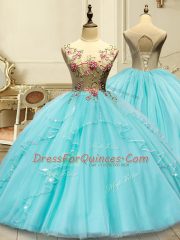 Floor Length Ball Gowns Sleeveless Aqua Blue Quinceanera Gowns Lace Up