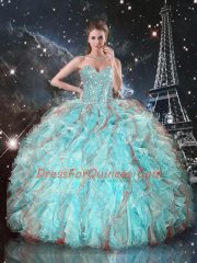 Aqua Blue Sweetheart Lace Up Beading and Ruffles Sweet 16 Quinceanera Dress Sleeveless