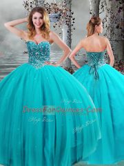 Aqua Blue Lace Up Sweetheart Beading Sweet 16 Dress Tulle Sleeveless