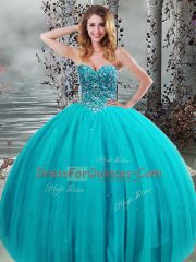 Aqua Blue Lace Up Sweetheart Beading Sweet 16 Dress Tulle Sleeveless