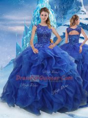 Sexy Blue Scoop Neckline Beading and Ruffles Sweet 16 Quinceanera Dress Sleeveless Lace Up