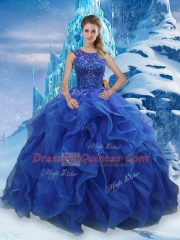 Sexy Blue Scoop Neckline Beading and Ruffles Sweet 16 Quinceanera Dress Sleeveless Lace Up