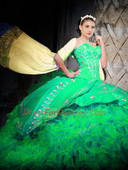 Green Sleeveless Organza Brush Train Lace Up 15 Quinceanera Dress for Military Ball and Sweet 16 and Quinceanera