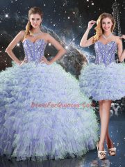 Best Selling Lavender Sleeveless Floor Length Beading and Ruffles Lace Up Sweet 16 Quinceanera Dress