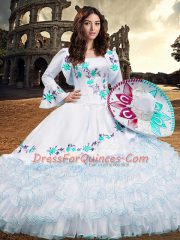 Trendy Aqua Blue Organza Lace Up Quinceanera Dress Long Sleeves Floor Length Embroidery and Ruffled Layers