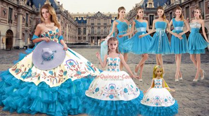 Beautiful Floor Length Lace Up 15th Birthday Dress Baby Blue for Military Ball and Sweet 16 and Quinceanera with Embroidery and Ruffled Layers
