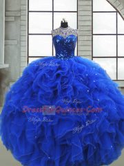 Deluxe Organza Sleeveless Floor Length Quince Ball Gowns and Ruffles and Sequins