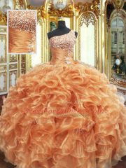 Beautiful Floor Length Lace Up Sweet 16 Dresses Orange for Military Ball and Sweet 16 and Quinceanera with Beading and Ruffles