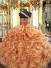 Beautiful Floor Length Lace Up Sweet 16 Dresses Orange for Military Ball and Sweet 16 and Quinceanera with Beading and Ruffles