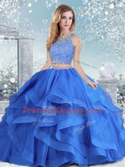 Wonderful Beading and Ruffles Quinceanera Dresses Royal Blue Clasp Handle Long Sleeves Floor Length