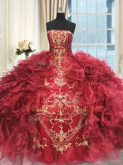 Romantic Floor Length Lace Up Quinceanera Gown Wine Red for Military Ball and Sweet 16 and Quinceanera with Appliques and Ruffles