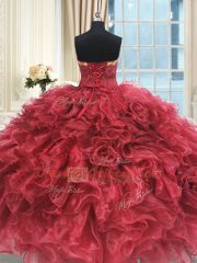 Romantic Floor Length Lace Up Quinceanera Gown Wine Red for Military Ball and Sweet 16 and Quinceanera with Appliques and Ruffles