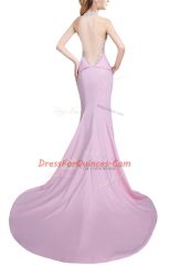 Beautiful Halter Top Sleeveless Prom Dress Brush Train Beading Royal Blue Elastic Woven Satin