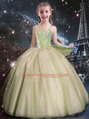 Yellow Green Ball Gowns Tulle Straps Sleeveless Beading Floor Length Lace Up Kids Pageant Dress
